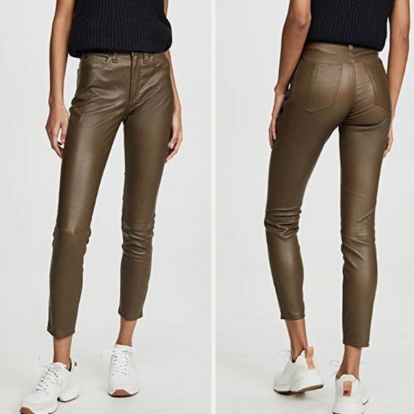 Rag & Bone Nina High Rise Ankle Skinny Leather Pants In Olive Size: 28